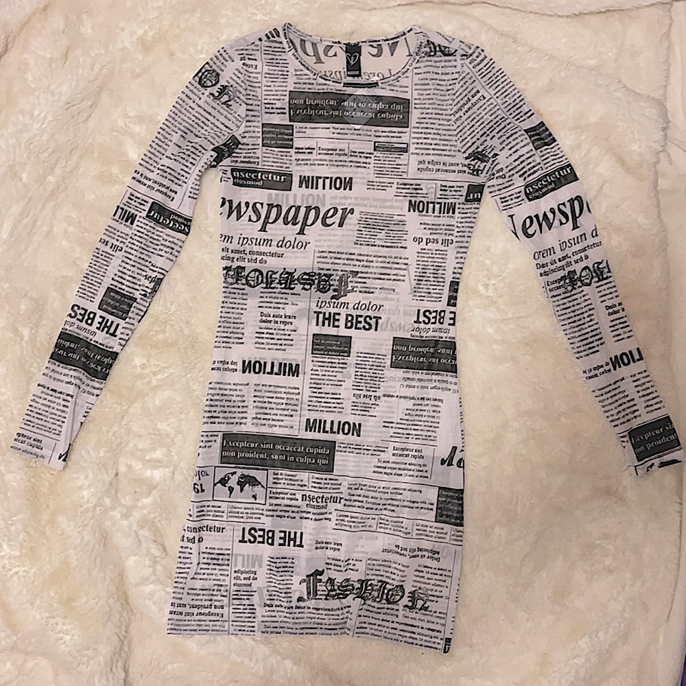 Long Sleeve Mesh Newspaper- print Mini Dress